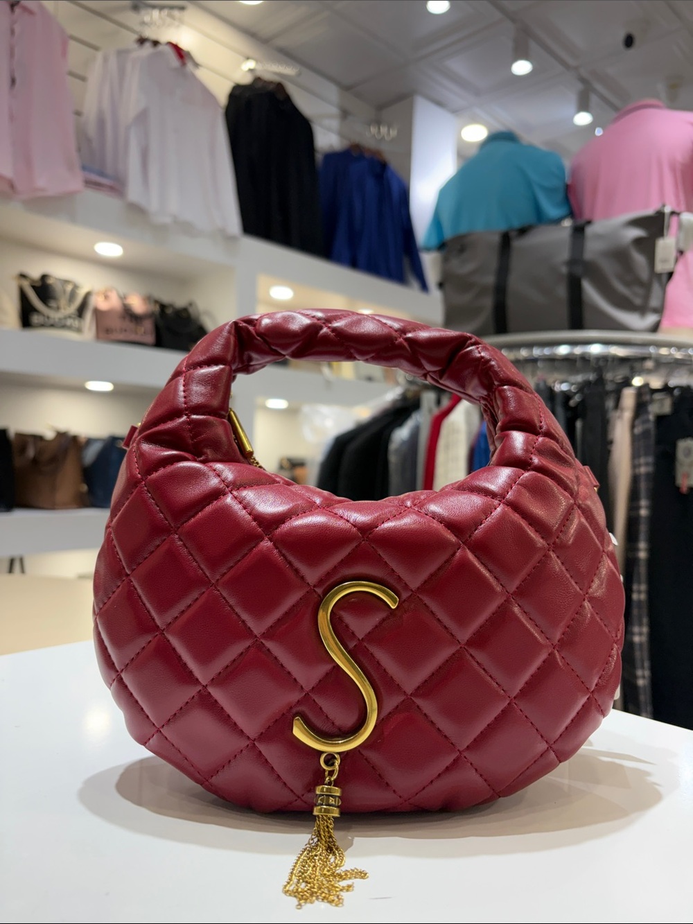 Quilted Wine Red Top-Handle Bag with Gold S Tassel